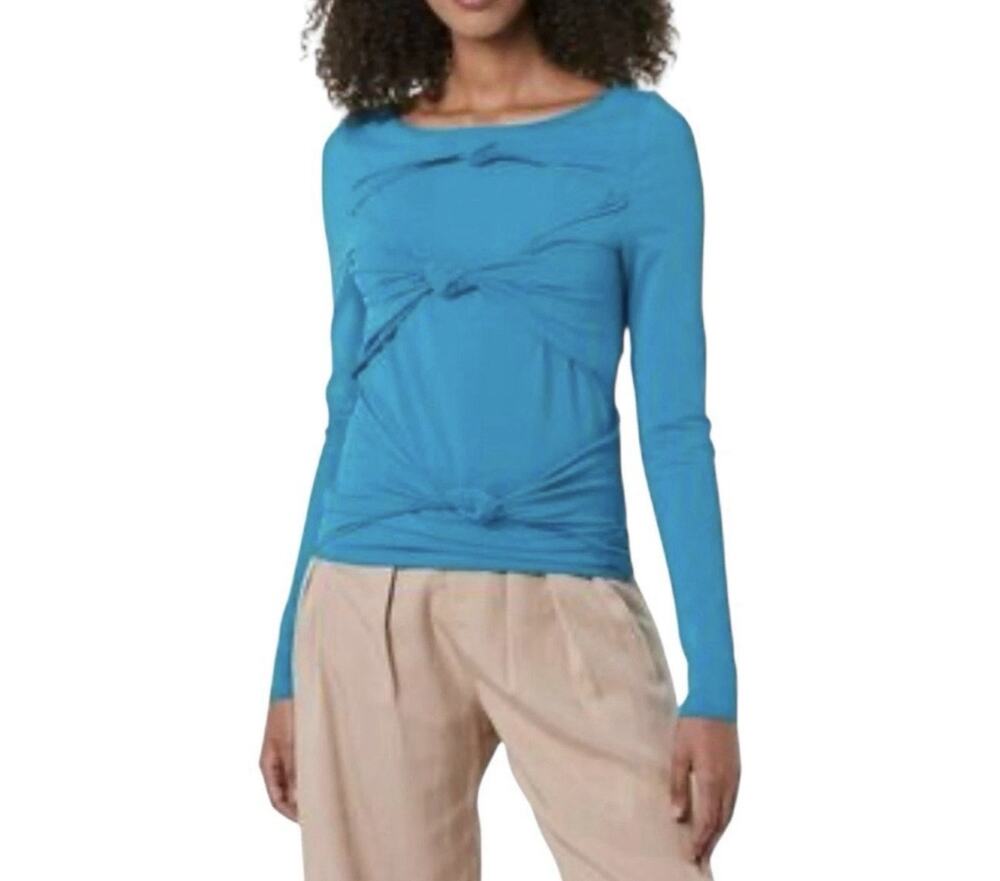 Terea By Andrea Pitter Blue Front Knotted Top Long Sleeves Cut-Out Large NWT 1